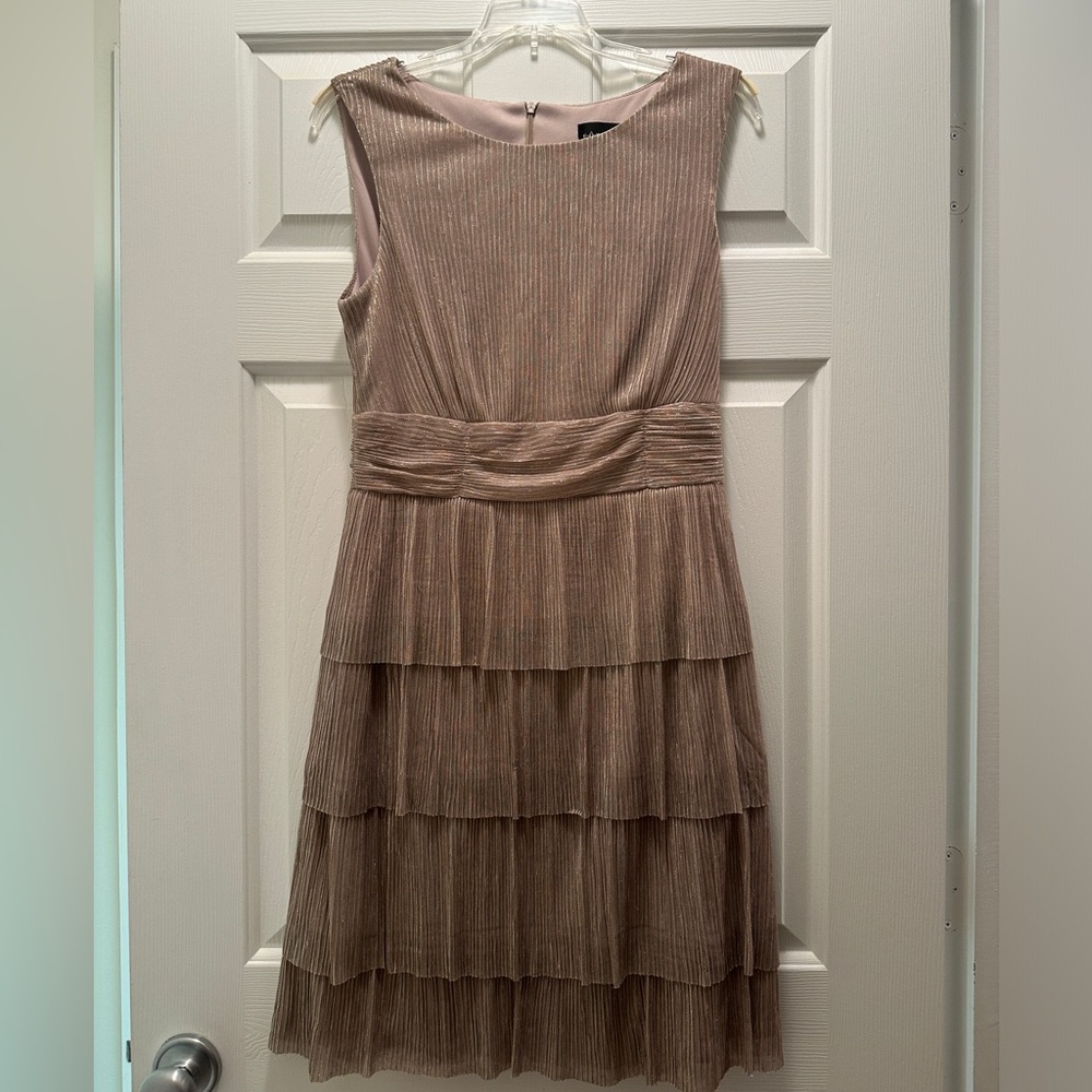 Connected Apparel Women’s Mid Length Metallic Layered Gold/Champagne Dress 10